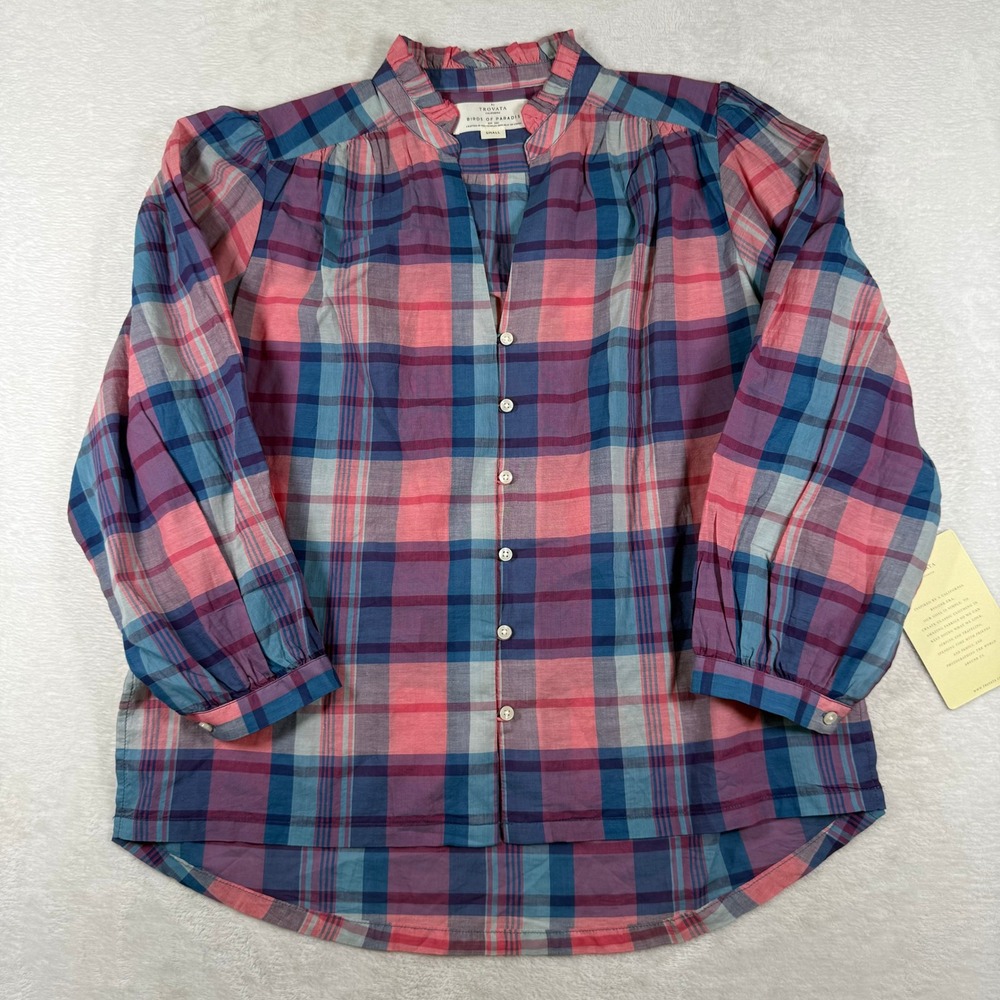 Trovata Birds of Paradis Pink Blue Plaid Ruffle Button Down Blouse Womens S NWT